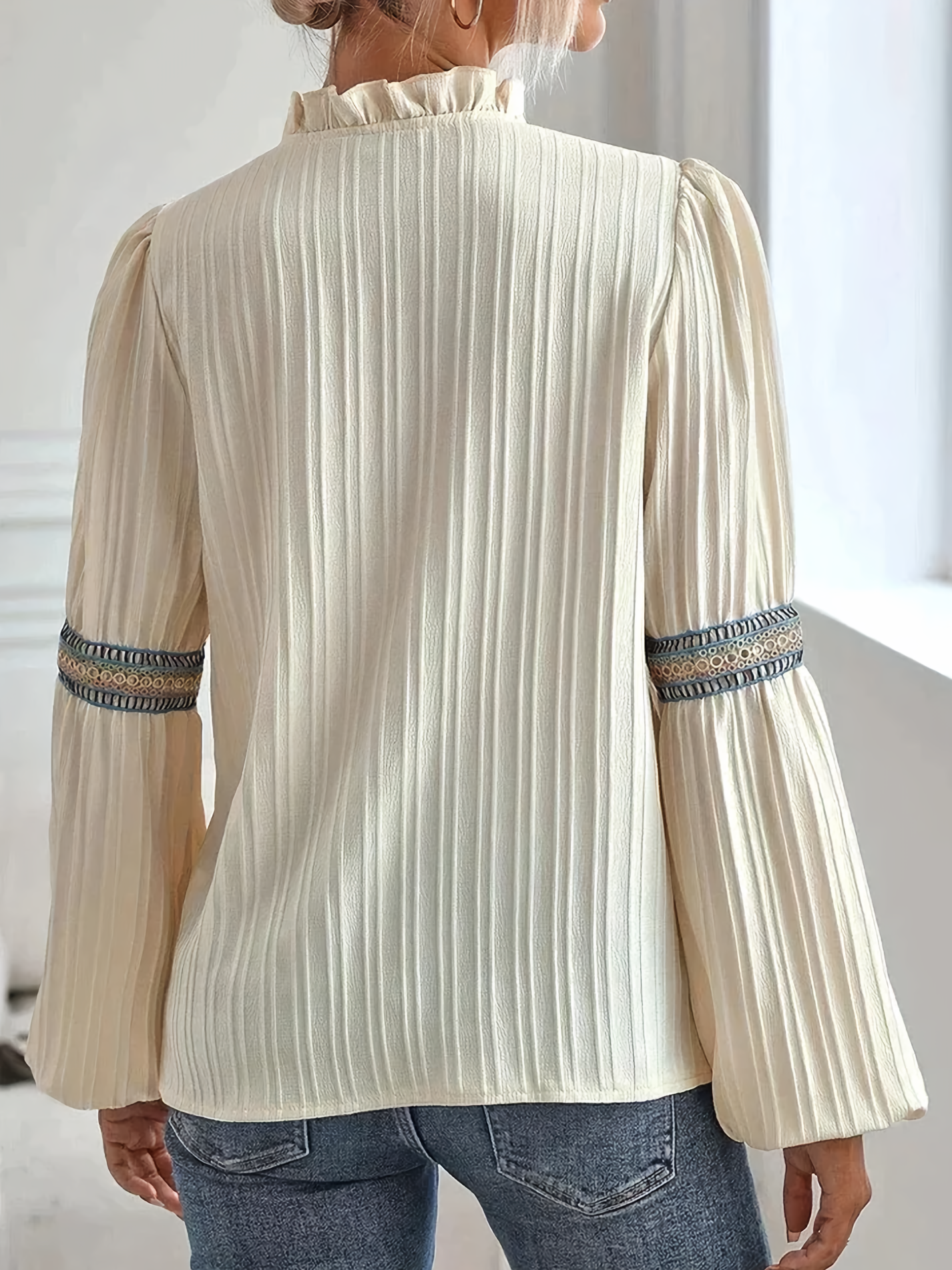 Women’s Blouse – Relaxed Fit – Ruffled Collar – Pleated Front – Long Sleeve Trim Detail