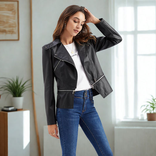 Women’s Moto Jacket – Slim Fit – Faux Leather – Studded Detail – Asymmetrical Zip