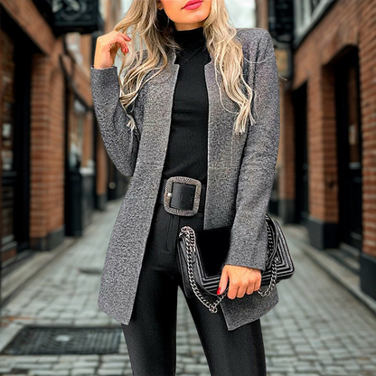 Women’s Long Coat – Relaxed Fit – Tailored Waist – Open Front – Soft Knit