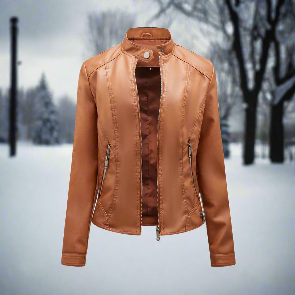 Women’s Biker Jacket – Leather – Slim Fit – Stand Collar – Zipper Pockets