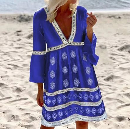 Women’s Knee-Length Dress – Relaxed Fit – Batwing Sleeves – V-Neck – Breathable Blend