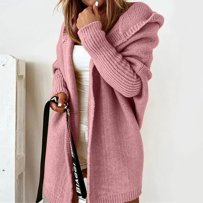 Women’s Cardigan – Oversized Fit – Wool Knit – Hooded Open Front – Ribbed Hem