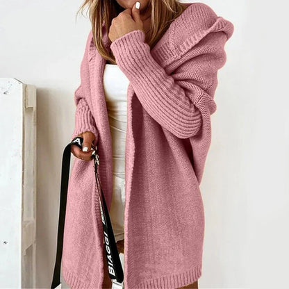 Women’s Cardigan – Oversized Fit – Wool Knit – Hooded Open Front – Ribbed Hem