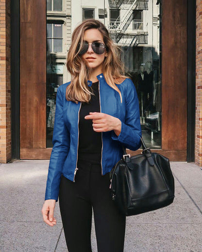 Women’s Biker Jacket – Genuine Leather – Slim Fit – Cropped Waist – Zippered Cuffs