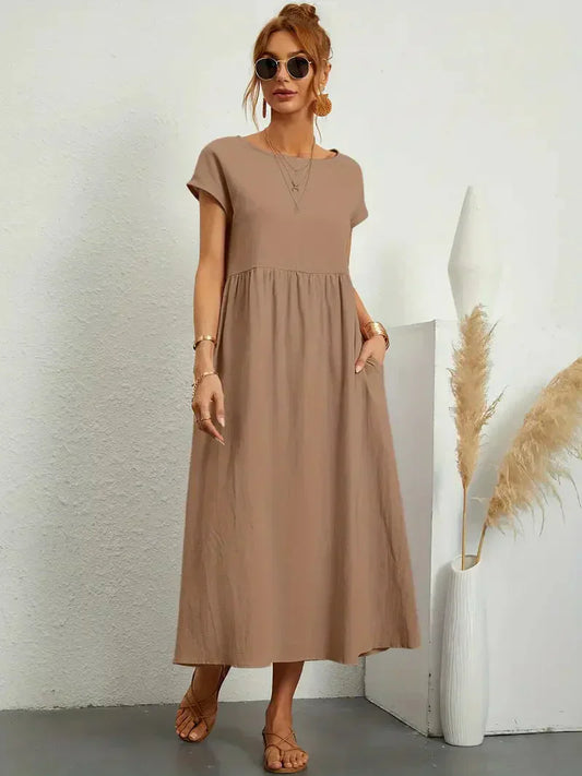 Women’s Long Dress – Relaxed Fit – Short Sleeve – Gathered Waist – Breathable Blend