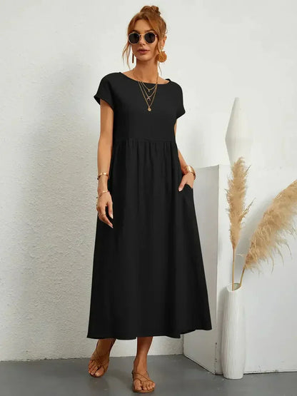 Women’s Long Dress – Relaxed Fit – Short Sleeve – Gathered Waist – Breathable Blend