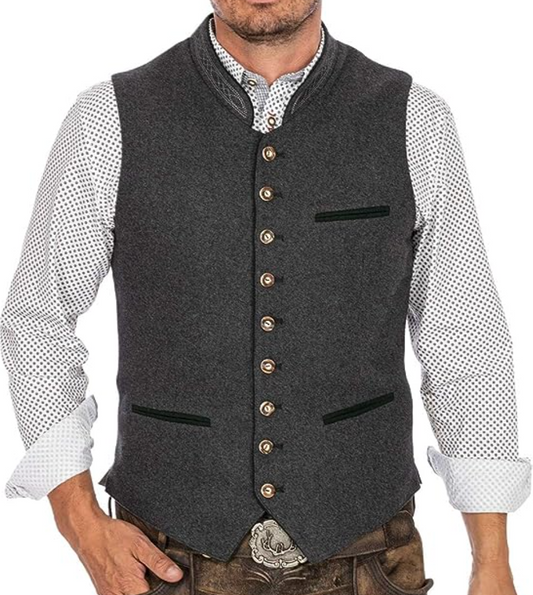 Men’s Vest – Tailored Fit – Wool Blend – Stand Collar – Welt Pockets – Classic Buttons