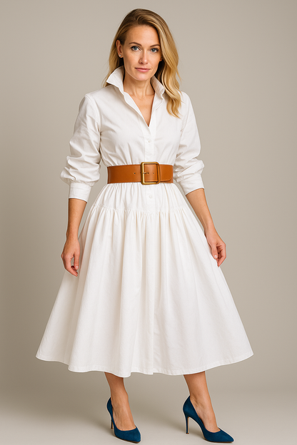 Women’s Shirt Dress – Flared A-Line Fit – Belted Waist – Puff Sleeves – Cotton Blend