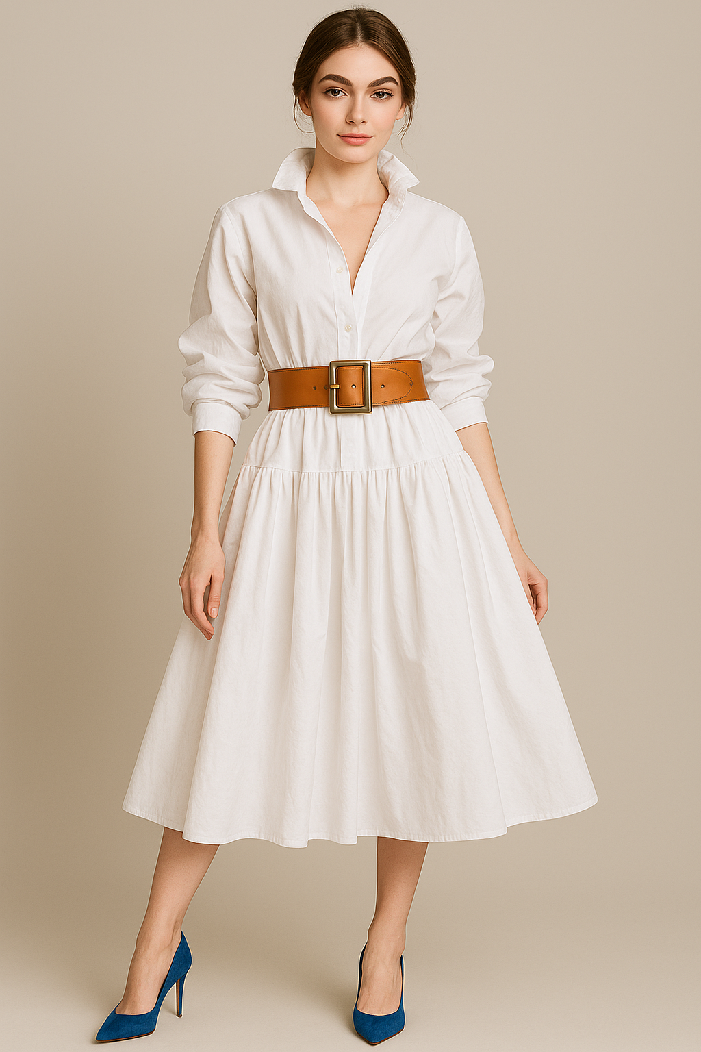 Women’s Shirt Dress – Flared A-Line Fit – Belted Waist – Puff Sleeves – Cotton Blend
