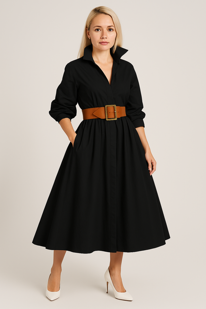 Women’s Shirt Dress – Flared A-Line Fit – Belted Waist – Puff Sleeves – Cotton Blend