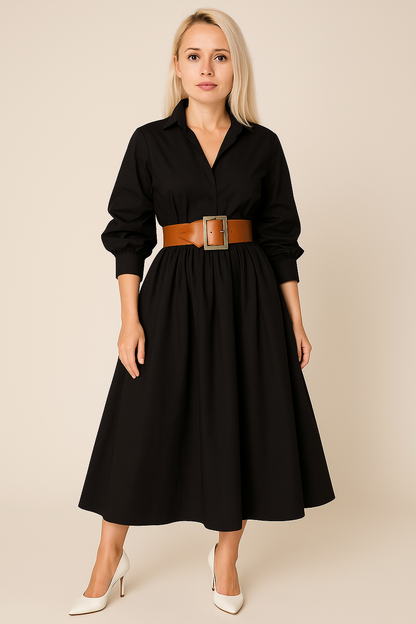 Women’s Shirt Dress – Flared A-Line Fit – Belted Waist – Puff Sleeves – Cotton Blend