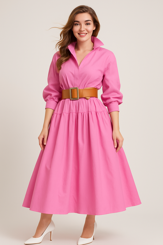 Women’s Shirt Dress – Flared A-Line Fit – Belted Waist – Puff Sleeves – Cotton Blend
