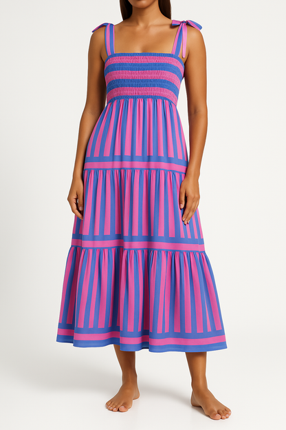 Women’s Long Dress – Shirred Bodice – Tiered Skirt – Adjustable Straps – Cotton Blend