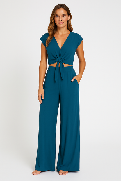 Women’s Two-Piece Set – V-Neck Tie-Front Cropped Top – High-Waist Wide-Leg Pants with Pockets