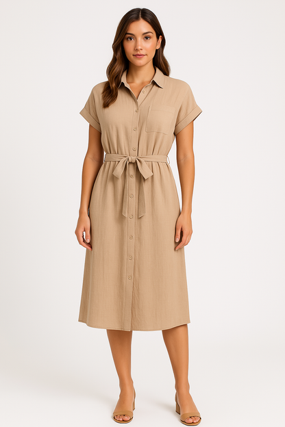 Women’s Shirt Dress – Cotton Blend – Midi Length – Button Down – Tie Waist – Short Sleeve