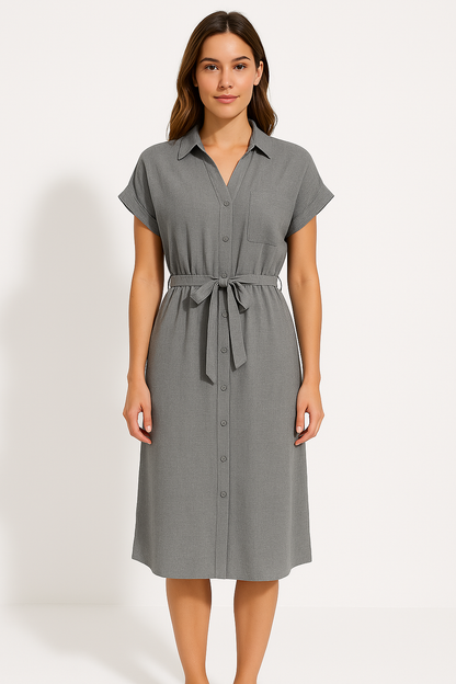Women’s Shirt Dress – Cotton Blend – Midi Length – Button Down – Tie Waist – Short Sleeve