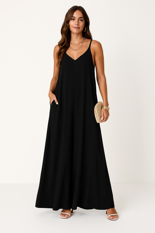 Women’s Maxi Dress – A-Line Fit – V-Neck – Spaghetti Straps – Lace Detail – Cotton Blend