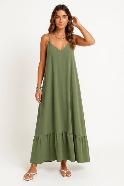 Women’s Maxi Dress – A-Line Fit – V-Neck – Spaghetti Straps – Lace Detail – Cotton Blend