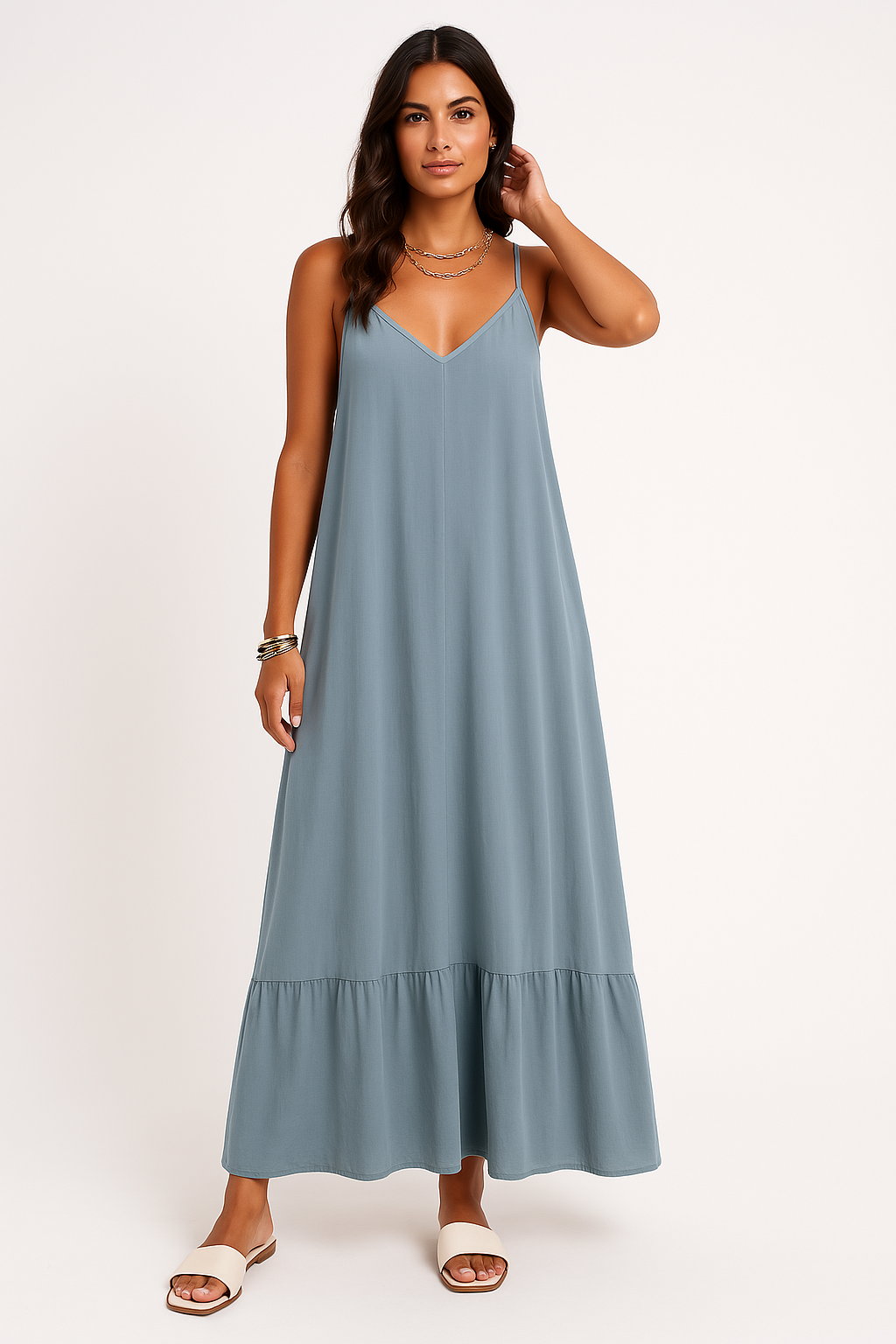 Women’s Maxi Dress – A-Line Fit – V-Neck – Spaghetti Straps – Lace Detail – Cotton Blend