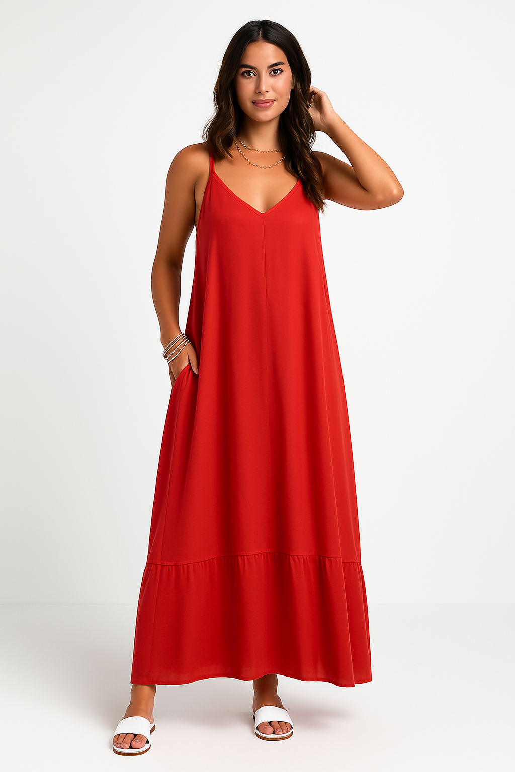 Women’s Maxi Dress – A-Line Fit – V-Neck – Spaghetti Straps – Lace Detail – Cotton Blend