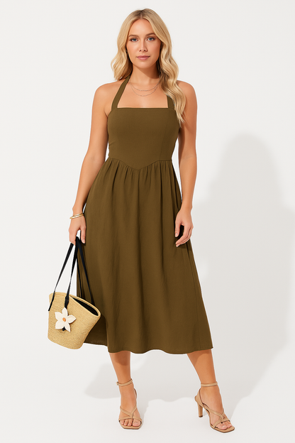 Women’s Halter Neck Dress – Cotton Linen Blend – A-Line Fit – Sleeveless Midi Casual