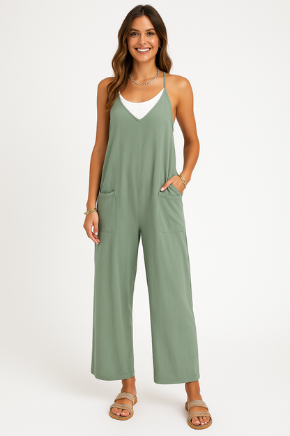 Women’s Jumpsuit – Relaxed Fit – Sleeveless V-Neck – Wide Leg – Lightweight Cotton Blend