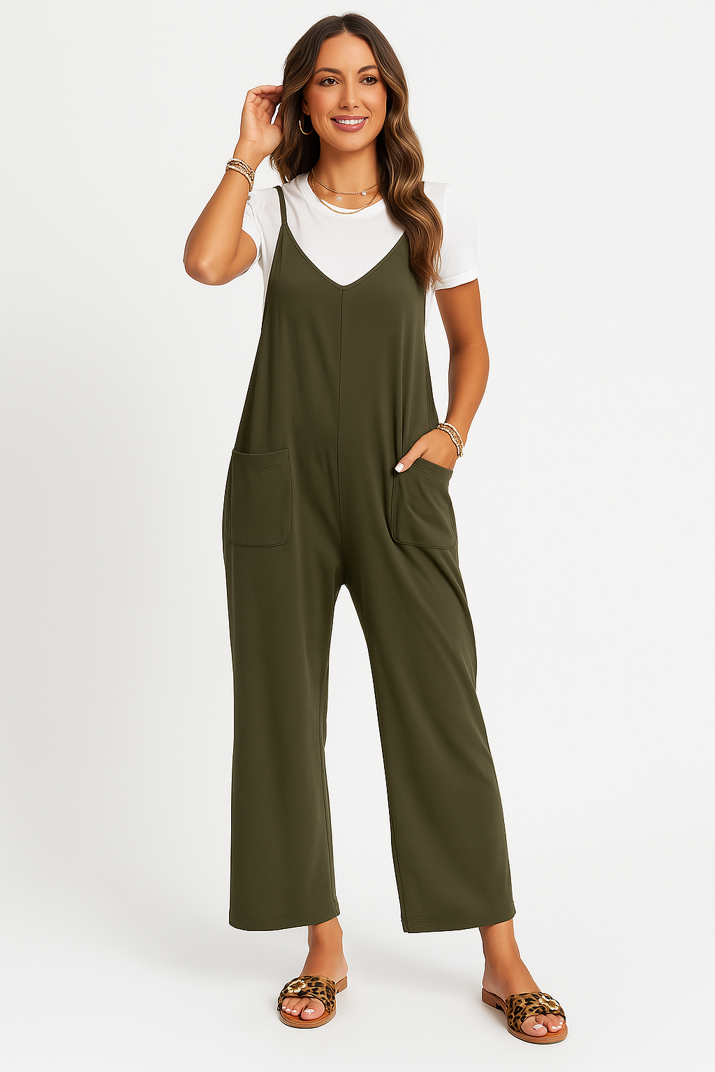 Women’s Jumpsuit – Relaxed Fit – Sleeveless V-Neck – Wide Leg – Lightweight Cotton Blend