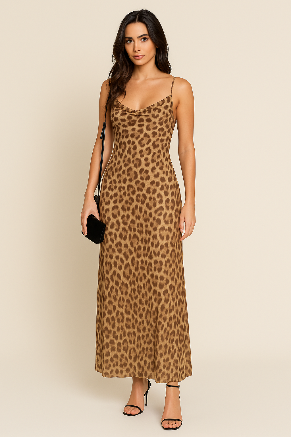 Women’s Slip Dress – Slim Fit – Satin Finish – Backless – Spaghetti Straps – Leopard Print