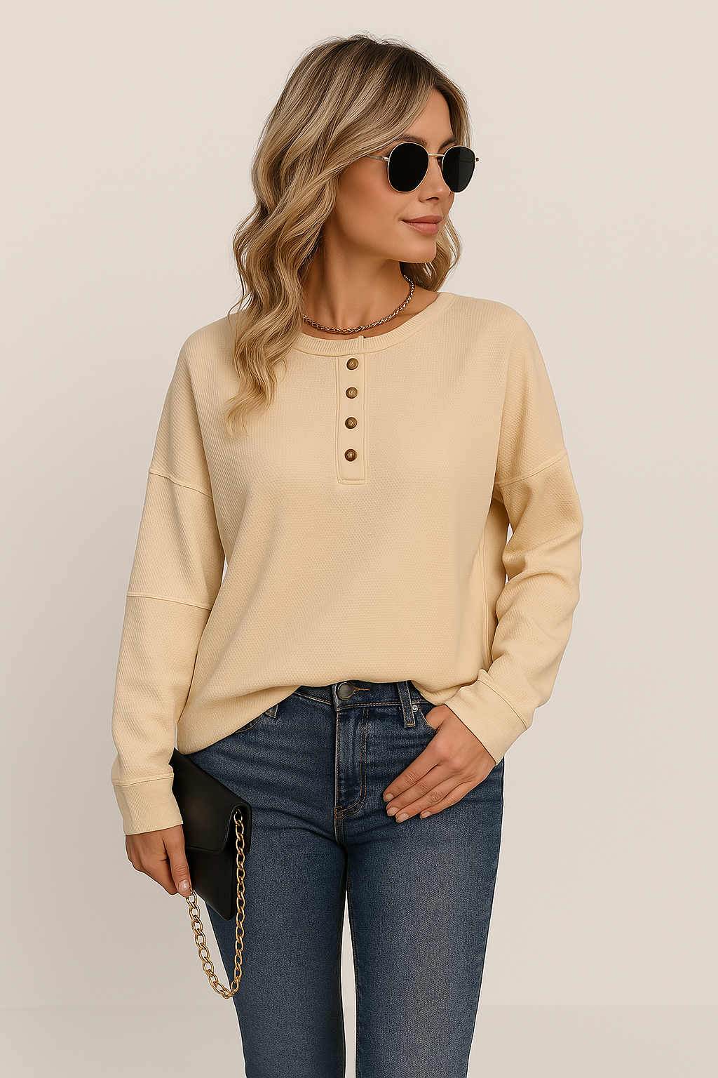 Women’s Knit Top – Relaxed Fit – Long Sleeve – Button Front – Round Neck Pullover