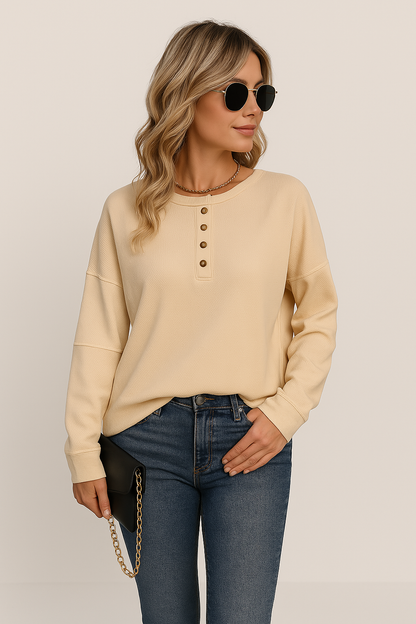 Women’s Knit Top – Relaxed Fit – Long Sleeve – Button Front – Round Neck Pullover