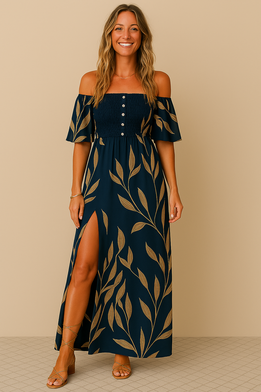 Women’s Maxi Dress – Off Shoulder – Cinched Waist – Floral Print – Side Slit Flowy Fit
