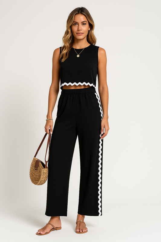 Women’s Two-Piece Set – Sleeveless Cropped Top & Wide-Leg Pants – Breathable Blend – Relaxed Fit – Wavy Contrast Trim