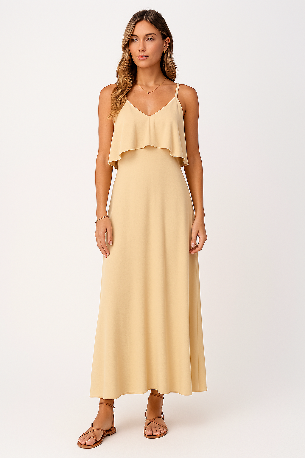 Women’s Slip Dress – Relaxed Fit – Adjustable Straps – Ruffle Neckline – Full Length