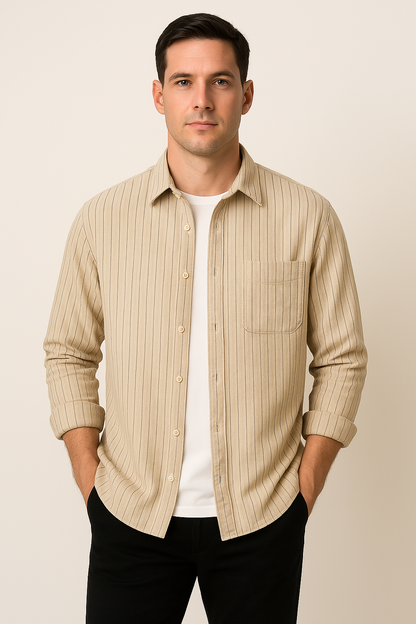 Men’s Long Sleeve Shirt – Relaxed Fit – Vertical Stripes – Breathable Cotton Casual