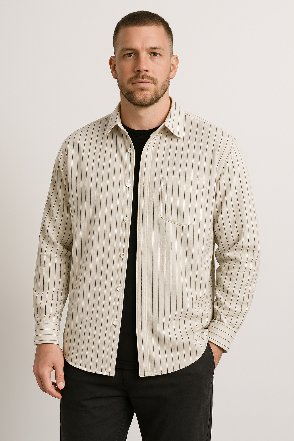 Men’s Long Sleeve Shirt – Relaxed Fit – Vertical Stripes – Breathable Cotton Casual