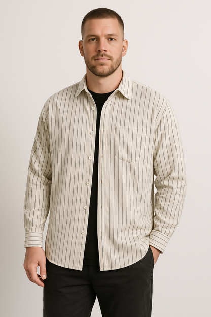 Men’s Long Sleeve Shirt – Relaxed Fit – Vertical Stripes – Breathable Cotton Casual