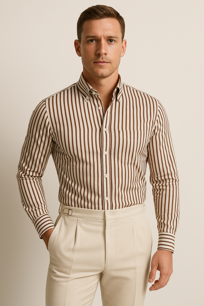 Men’s Long Sleeve Shirt – Tailored Fit – Cotton Blend – Striped Button-Down Formal Wear