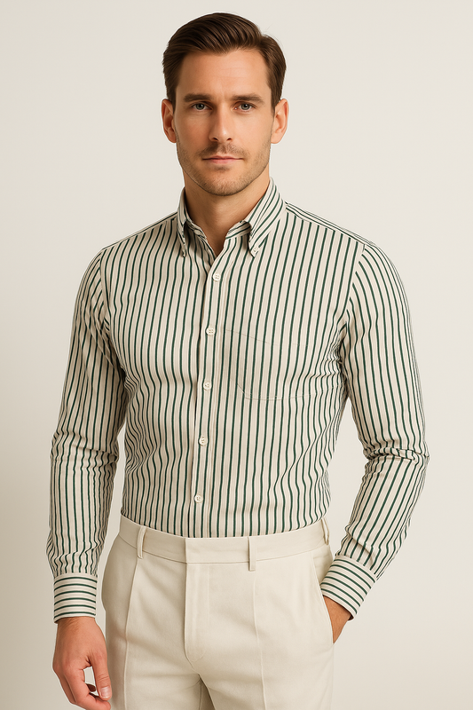 Men’s Long Sleeve Shirt – Tailored Fit – Cotton Blend – Striped Button-Down Formal Wear