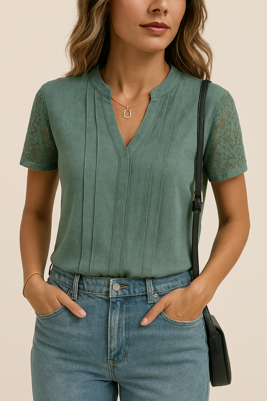 Women’s V-Neck T-Shirt – Lace Sleeve – Cotton Blend – Relaxed Fit – Casual Wear
