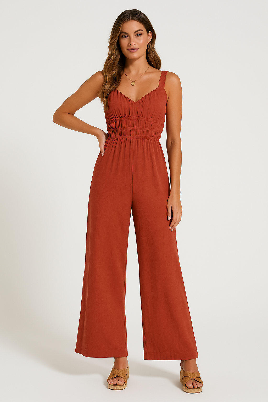 Women’s Jumpsuit – Cotton Linen Blend – Wide Leg – Sleeveless – Elastic Waist