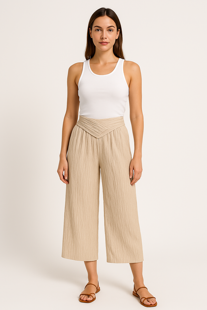 Women’s Wide-Leg Pants – High Waist – Cropped Length – Pleated Lightweight Fabric