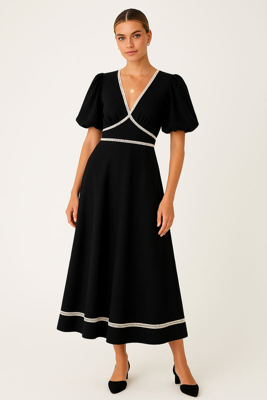 Women’s Long Dress – V-Neck – Fitted Waist – Lace Trim – Puff Sleeve – Flowy Skirt