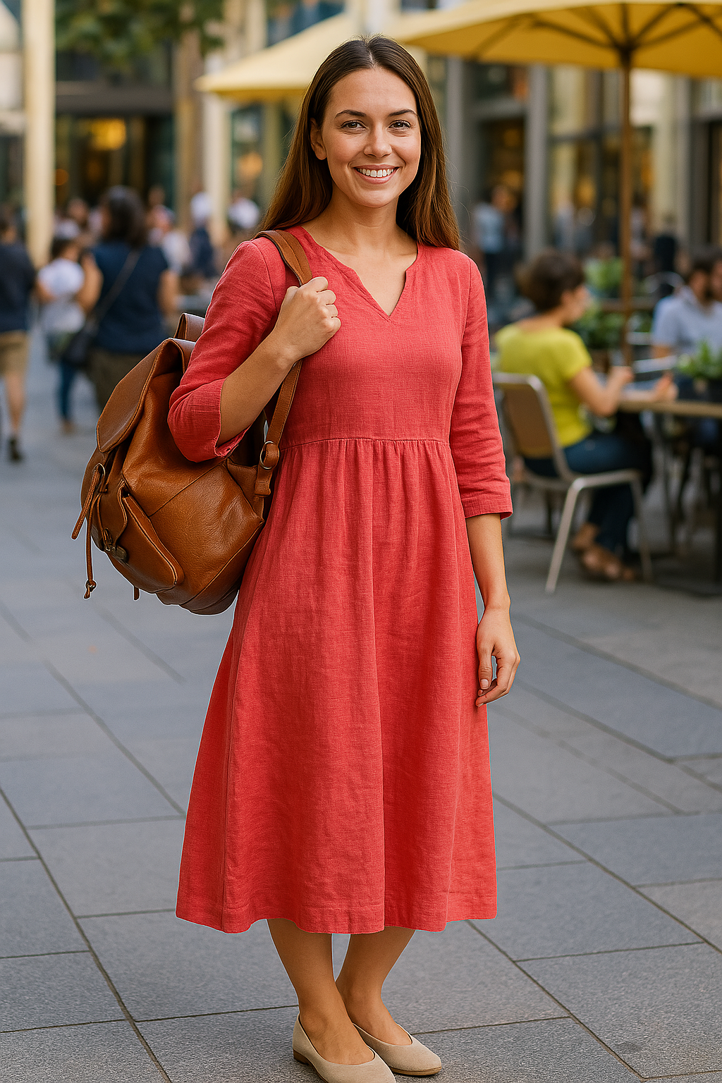 Women’s Midi Dress – Relaxed Fit – V-Neck – Linen Blend – Three-Quarter Sleeve