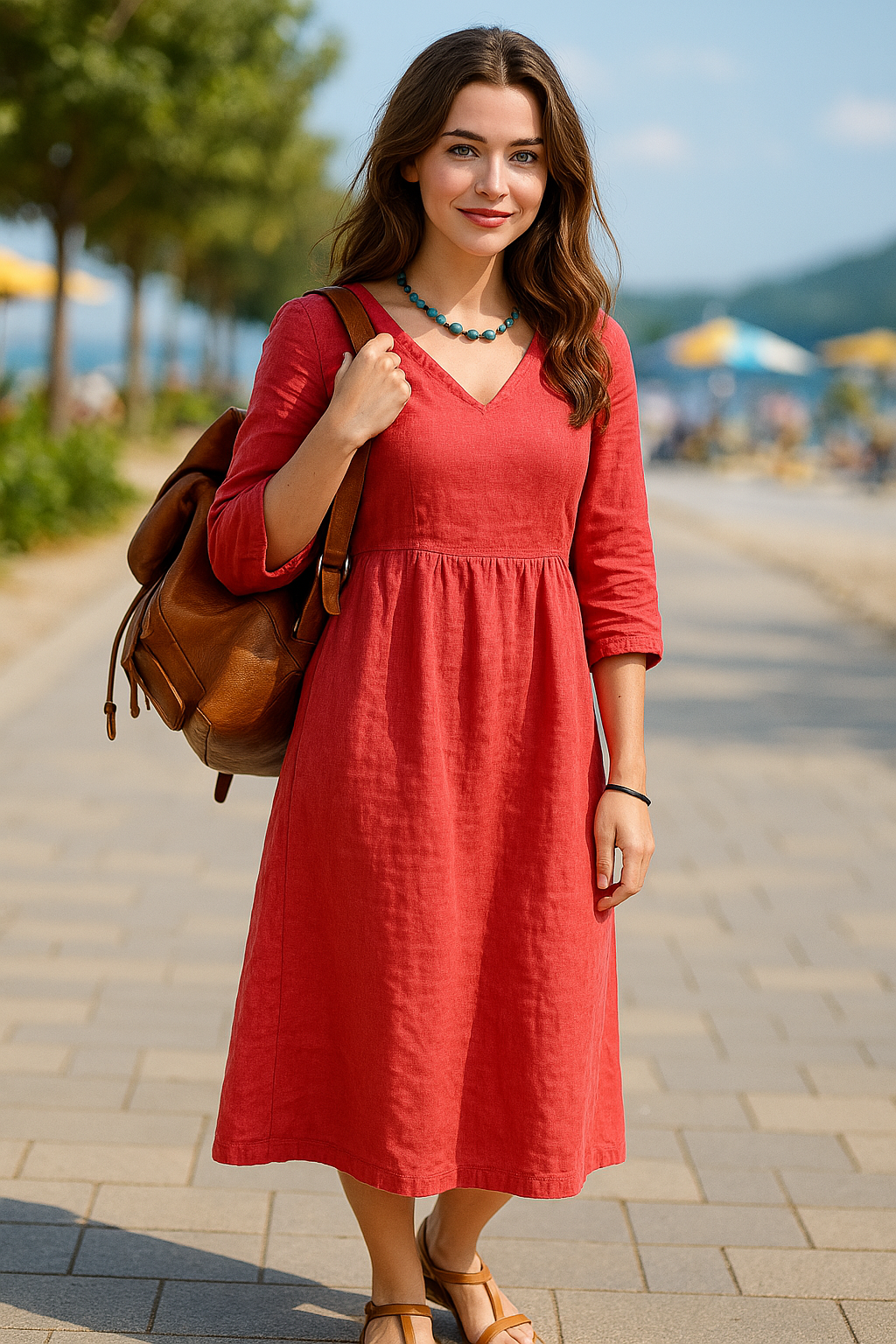 Women’s Midi Dress – Relaxed Fit – V-Neck – Linen Blend – Three-Quarter Sleeve
