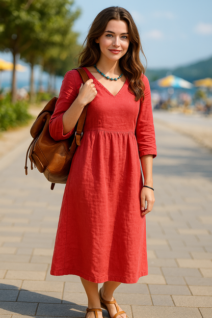 Women’s Midi Dress – Relaxed Fit – V-Neck – Linen Blend – Three-Quarter Sleeve