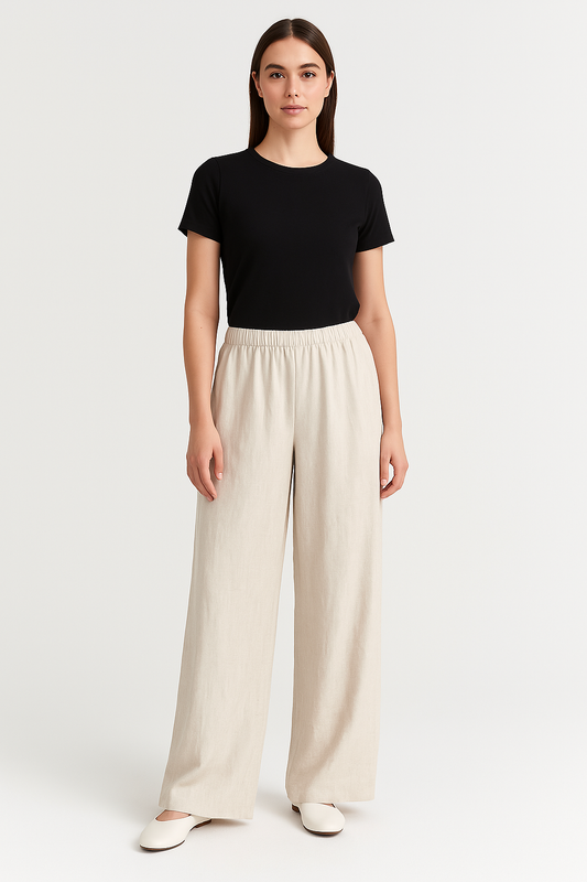 Women’s Wide-Leg Pants – Linen-Look Fabric – Relaxed Fit – Elastic Waist – Full Length