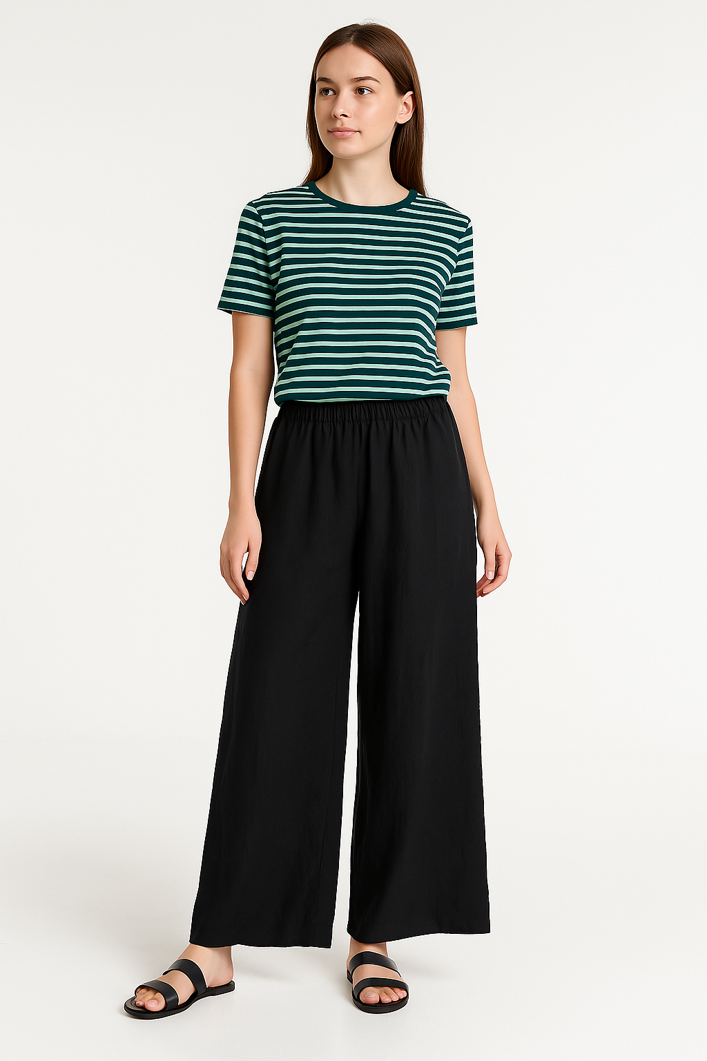 Women’s Wide-Leg Pants – Linen-Look Fabric – Relaxed Fit – Elastic Waist – Full Length