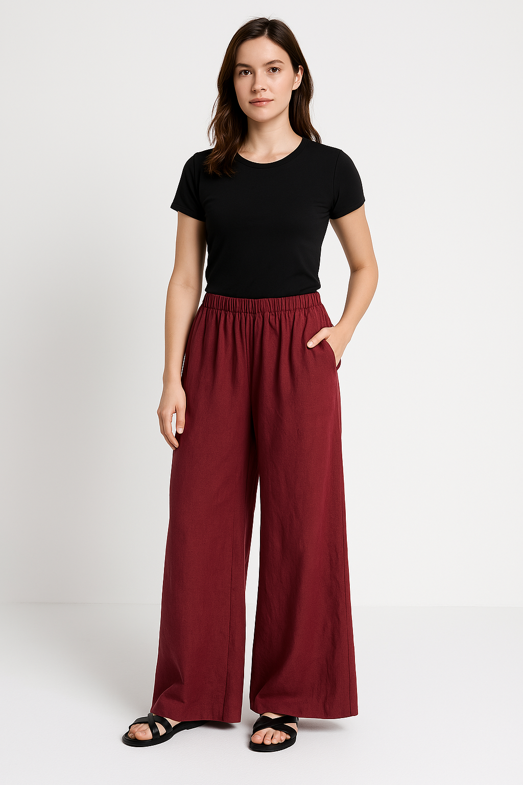 Women’s Wide-Leg Pants – Linen-Look Fabric – Relaxed Fit – Elastic Waist – Full Length