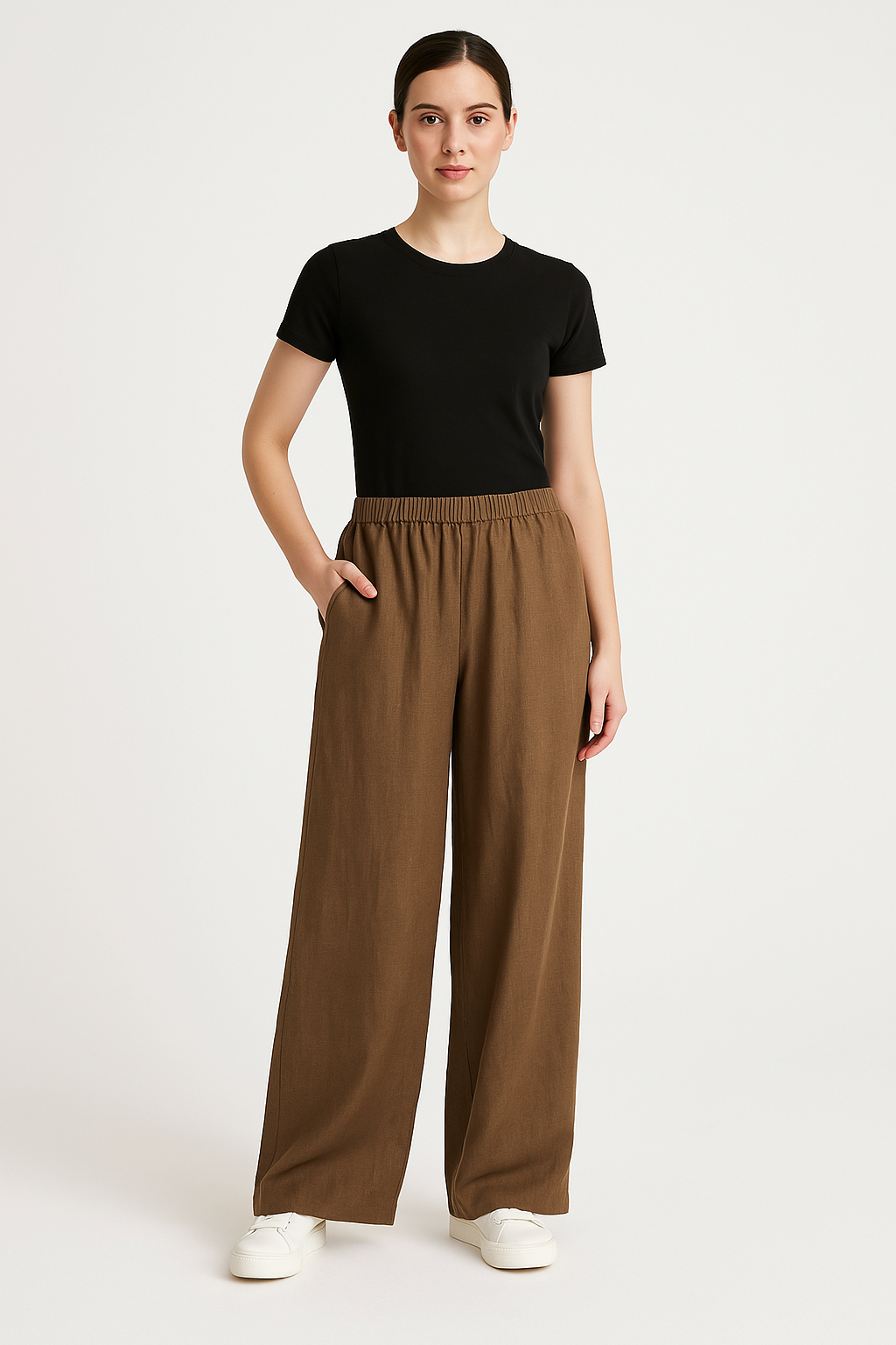 Women’s Wide-Leg Pants – Linen-Look Fabric – Relaxed Fit – Elastic Waist – Full Length