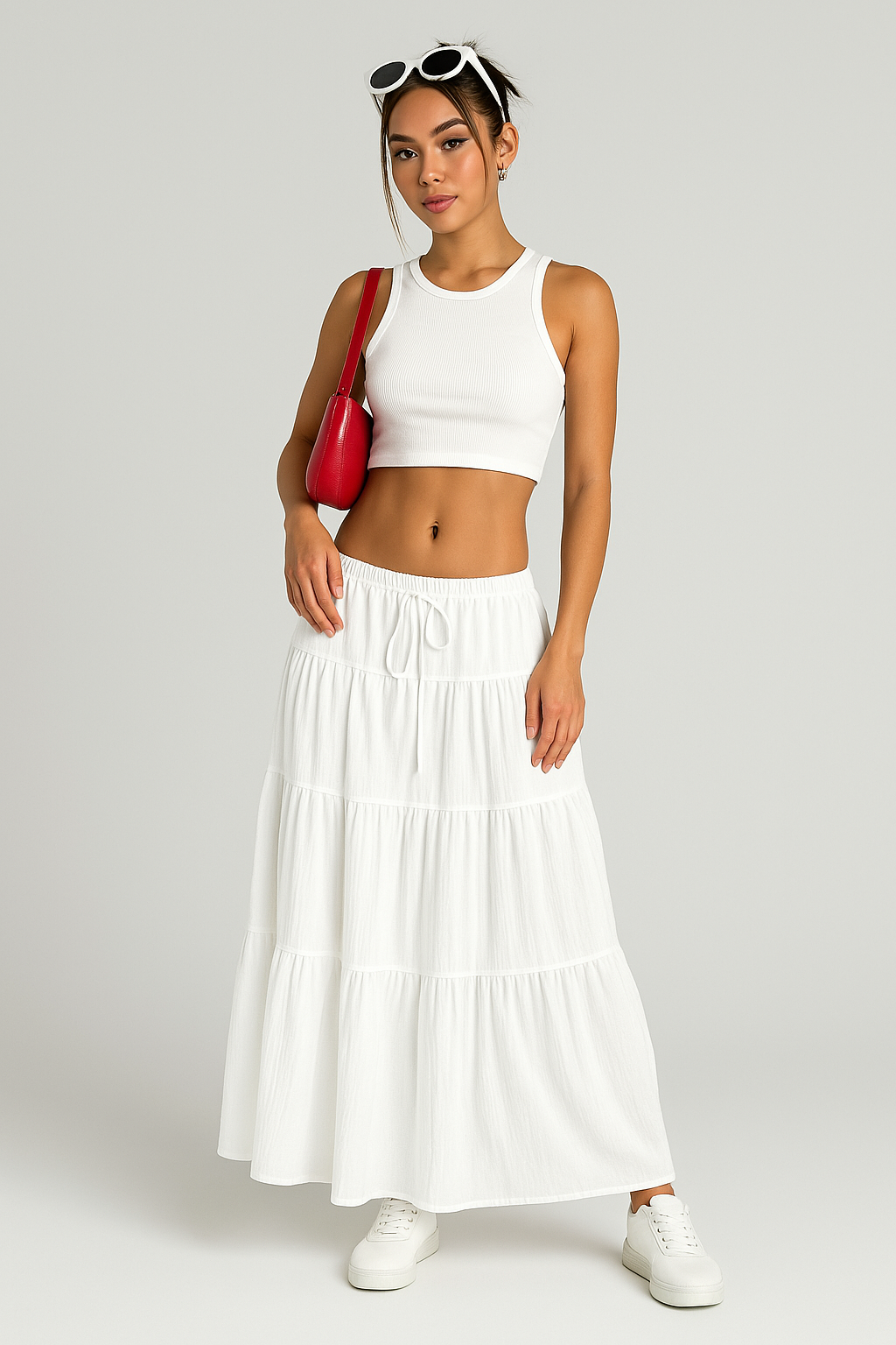 Women’s Long Skirt – Cotton Blend – A-Line Fit – Tiered – Drawstring Waist – Casual